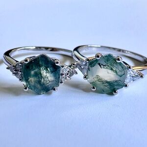 Hexagon Green Moss Agate Sterling Silver Engagement Size 6 7 8 Ring S925